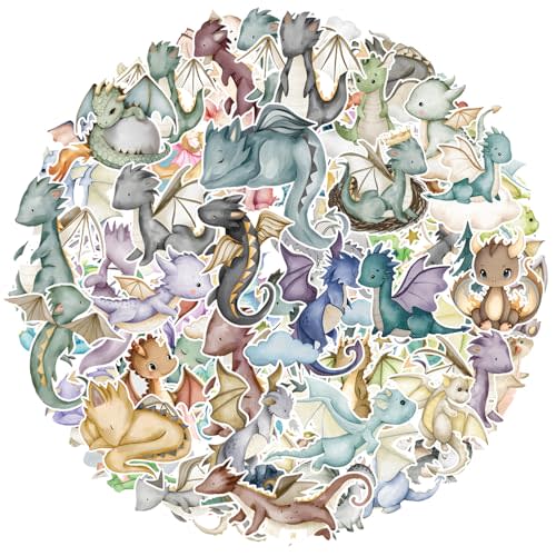 100 Pcs Watercolor Dragon Stickers, Knight Baby Shower Supplies, Magical Birthday Party Favors, Fantasy Dino Rainbow Decorations for Water Bottles, Laptop, Phone