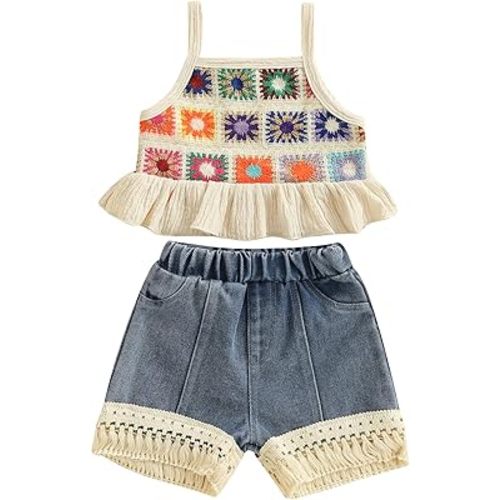 Kids Baby Girl Crochet Outfits Sleeveless Crochet Cami Mini Tops Lace Patchwork Denim Shorts Bobo Clothes (Beige, 12-18 Months)