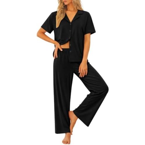 SWOMOG Women's 100% Cotton Pajamas Soft Short Sleeve Lounge Set 2 Piece Button Down Sleepwear with Pockets