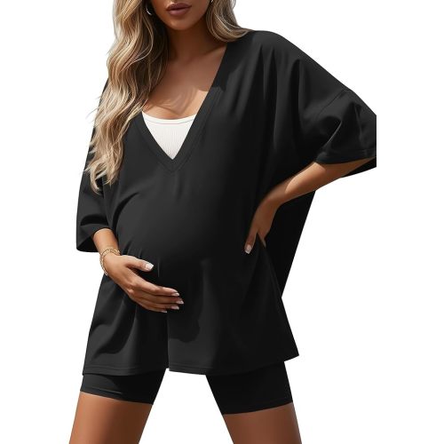 Women's 2 Piece Maternity Lounge Set Oversized Nursing V Neck Lightweight Shirt Cotton Pregnancy Shorts Pajama Set