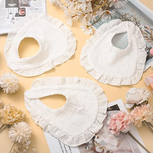 Seematn 10 Pcs Baby Muslin Bibs for Unisex Girls & Boys Drool Bibs Bandana Ruffle Soft Cotton for Newborn Infants Toddlers(White)