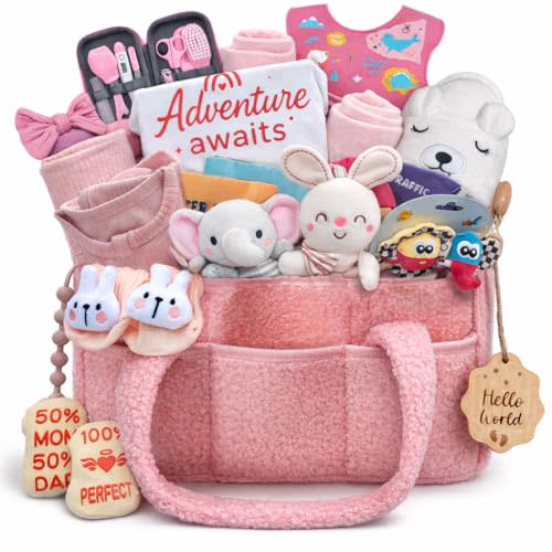 30 Pcs Premium Baby Girl Gift Basket, Pink Newborn Essentials Set & Baby Registry Search Idea, Gender Reveal, Baby Shower & Hospital Welcome Care Package for New Mom, Includes Blanket, Clothes & More