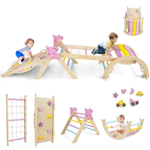 Costzon Pikler Triangle Set, 9-in-1 Foldable Baby Climbing Toys, Pink | Wood Montessori Climbing Set for Learning and Motor Skills, Indoor Playground Jungle Gym for Toddlers 3+ Climber Gifts