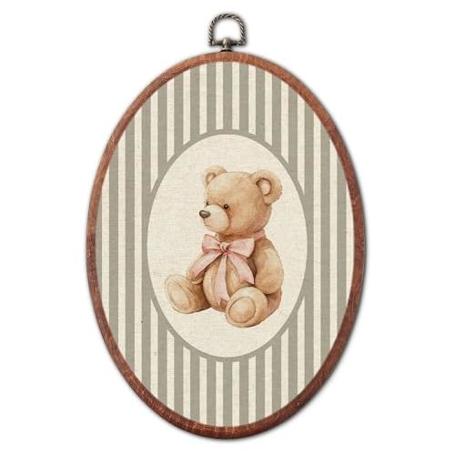 Vintage Bow Bear Nursery Oval Wall Art, Grey Striped Canvas Prints Framed | retro decor wall art hanging decor for bedroom living room kids toddler room playroom decoration, 8.6x11.4 inch