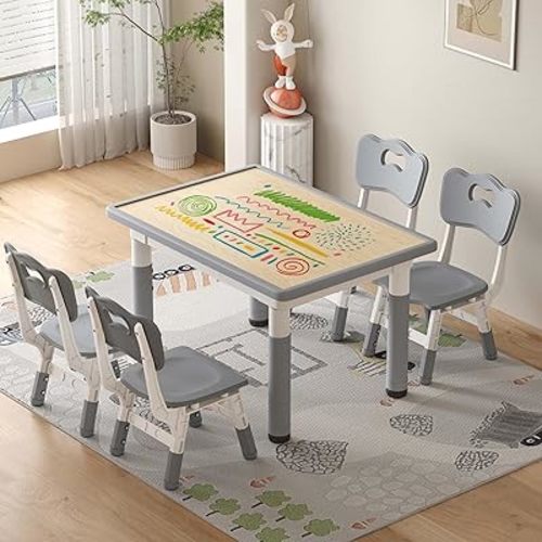Kids Table and Chairs Height Adjustable, Toddler Table and Chairs, 31.5''L x 23.6''W Graffiti Desktop with 4 Chairs Set, for Reading, Drawing, Eating, for Ages 3-8, Grey