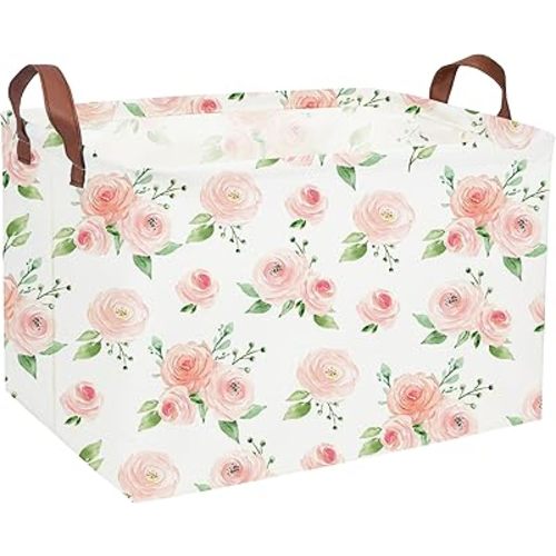 Essme Rectangular Rose Basket,Pink Storage Box, Flower Storage Bins Organizer with Handles for Girls Room Decor, Girl Basket,Shelf Basket.(Rose) .