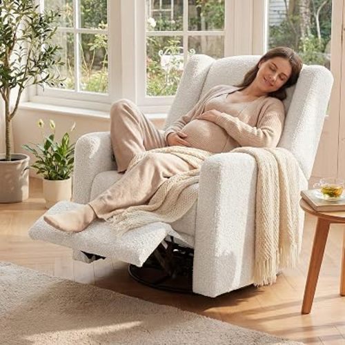 Power Glider Recliner Nursery Chair w/USB Ports, Soft Boucle Glider Rocking Chair for Nursery, Swivel Glider Chair with Lumbar Pillow for Living Room, Cream