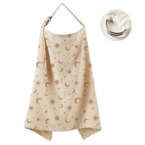 Muslin Nursing Cover for Breastfeeding Moms - 100% Cotton Lightweight & Breathable Privacy Shawl with Adjustable Rigid Hoop | Multi-use Apron (Sun,Moon&Stars)
