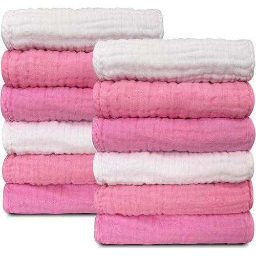 Sunny zzzZZ Baby Muslin Washcloths -100% Cotton Muslin Soft Baby Bath Wash Cloths and Absorbent Burp Cloths for Newborns Kids Girls and Boys -12 Pack, 12x12 Inches - White+Deep Sakura Series