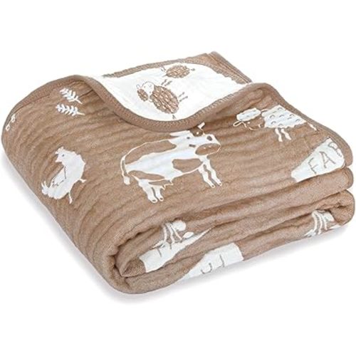 BOPRIO Ultra Soft Muslin Baby Blanket 6 Layers Neutral Swaddles Bed Blankets with Lovey Animal Design for Newborn Babies Kids Toddlers 43 x 43 Inch (Brown Woodland)