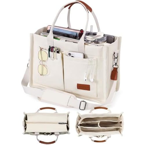 FIORETTO Canvas Tote Bag for Women with Zipper Closure & Individual Compartments for Work College for Teacher & Nurse