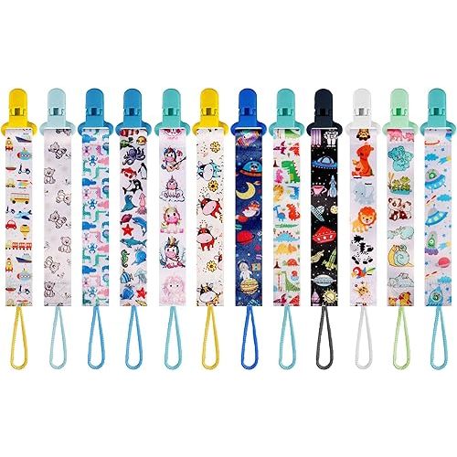 12 Pack Baby Pacifier Clips, Cute Multi-Pattern Pacifier Holder, Stylish Printed Design for Boys Girls, Secure Clip, Practical Baby Boy Shower Gift (Multicolor H 26cm)
