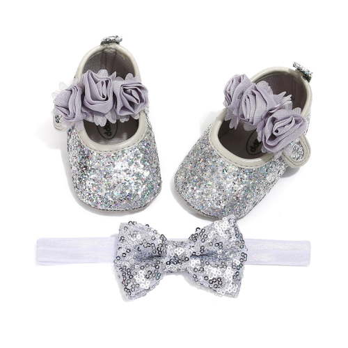 Baby Girl Headbands Sparkly Glitter Sequins Hair Bows Ribbon Soft Stretchy Hair Bands with Princess Shoes for Infant Newborn and Toddlers