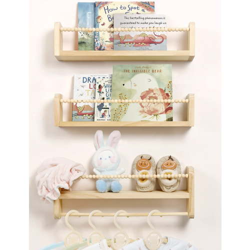 Maxpeuvon Nursery Floating Shelves for Wall, Set of 3 Book Shelves Natural Wood Wall Mounted Organizer with Towel Bar Hanging Bookshelves Nursery Decor for Kids Room, Bedroom and Kitchen C82