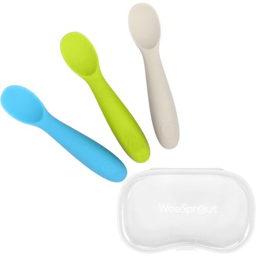 WeeSprout Baby Spoons for Self Feeding 6 Months +, Soft & Durable Silicone Utensils for Sensitive Gums & Teeth, Easy Grip Handles & Shorter Length for Little Hands, 3 Pack + Carrying Case