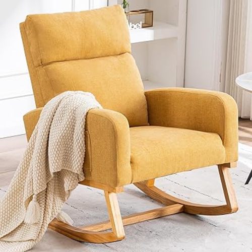Rocking Chair Nursery - Glider Modern Accent Chairs Upholstered Linen Rocker Padded Armchair for Indoor Living Room Bedroom Light Yellow