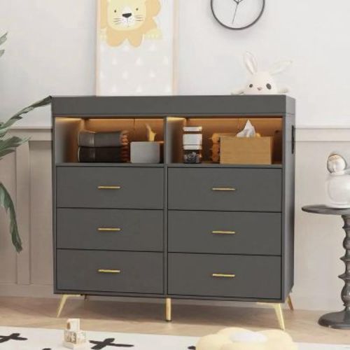 Changing Table Dresser with Drawers, Baby Dresser with Changing Table Top, Power Outlet, LED Light & Metal Feet, Diaper Changing Station