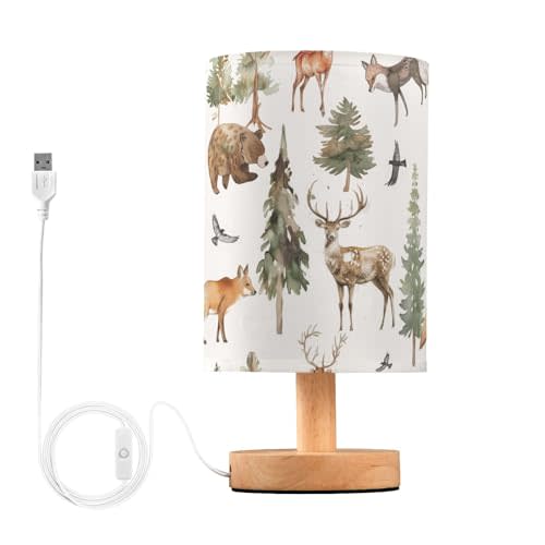 YYZZH Table Lamp Watercolor Animal Forest Tree Deer Fox Bear Nightstand Lamp with Wood Base Fabric Lamp Shade Bedside Desk Lamp for Living Room Bedroom Kids Room Office