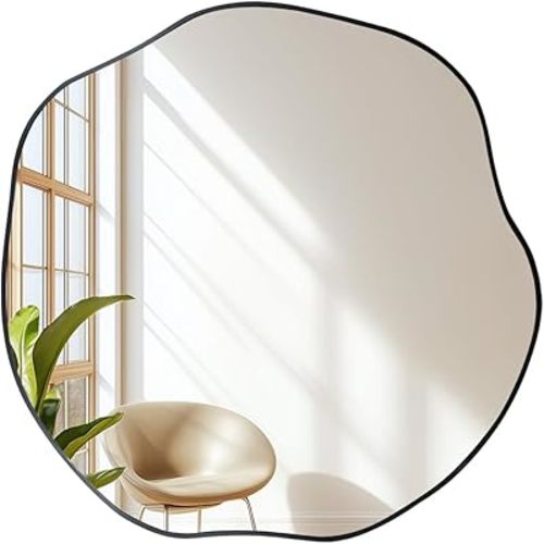POZINO Irregular Shaped Mirror, 16" Small Asymmetrical Mirrors, Black Scalloped Rounded Mirror, Modern Frameless Abstract Mirrors for Bathroom Living Room Bedroom Entryway Fireplace