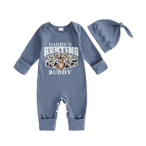 Daddy's Hunting Buddy Newborn Baby Boy Deer Duck Hunting Outfit Knitted Romper Long Sleeve Jumpsuit +Hat Fall Clothes