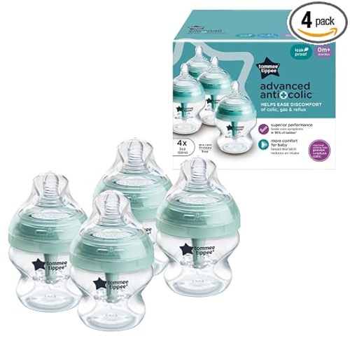 Tommee Tippee Advanced Anti-Colic 5 oz BPA Free Baby Bottles, Newborn 0+ Months, Slow Flow Breast-Like Nipple, Unique Design Keeps Air Away from Milk and Baby, Clear, Pack of 4