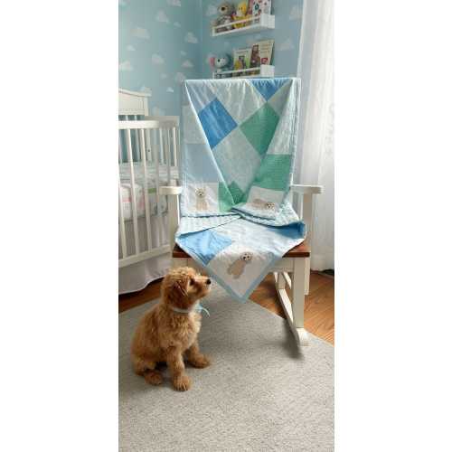 Embroidered Goldendoodle Baby Quilt: Handmade Patchwork Cotton and Minky Blanket, Name Embroidery Option