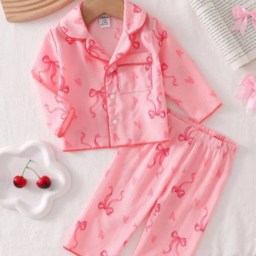 2pcs Baby Girls' Cherry Print Long Sleeve Cardigan And Pants Homewear Set, Woven Fabric Baby Girl Pajamas Newborn Girl Pajamas Pink Baby Pajamas Fall Winter