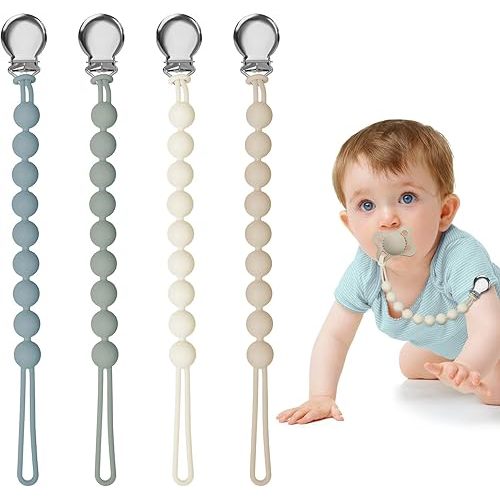 Pacifier Clips for Baby Girl Boy, Silicone Binky Holder for MAM Pacifiers, Baby Newborn Essentials Shower Birthday Gift (4-Pack)