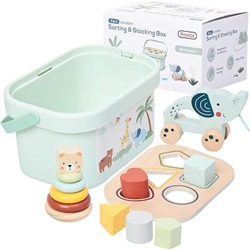 PREXTEX 3-in-1 Wooden Sorting and Stacking Toys - Includes 3D Shapes Sorting Box, 5 Stacking Rings with Bear, Elephant with Wheels - Develops Motor Skills - Ages 18 Months up
