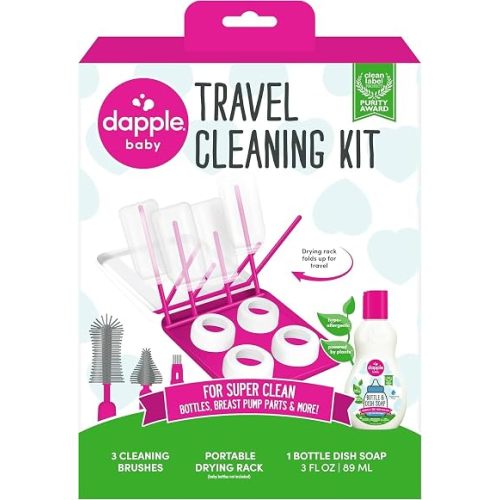 Dapple Baby Travel Cleaning Kit - 5 Piece- Baby Bottle & Dish Soap, Bottle Brushes, and Drying Rack - Newborn Essentials