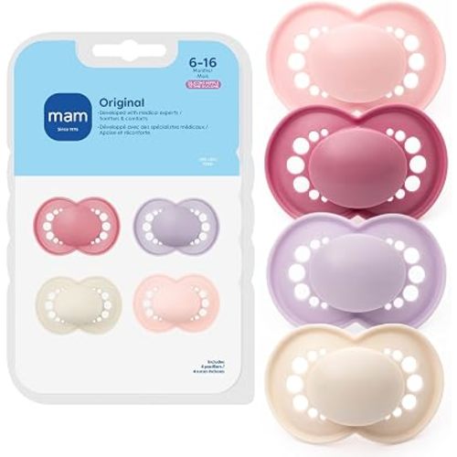 MAM Original Baby Pacifier 6-16 Mths, Skin Soft Silicone Nipple, 4 Pack