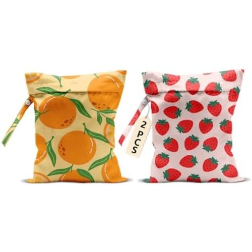 2Pcs Summer Fruits Wet Bags 12x10 Inch, Strawberry Orange Waterproof Travel Laundry Bags, Reusable Wet Dry Bag for Swimsuit Beach Diapers Dirty Yoga Gym Clothes, Travel Gifts for Women Friend