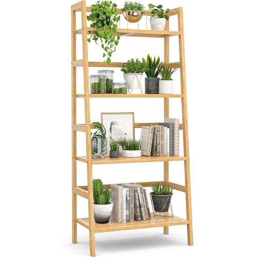 Homykic Ladder Shelf, 4-Tier Bamboo Ladder Bookshelf Small Bookcase, 49” Tall Open Display Shelves Wood Plant Stand Storage Rack for Living Room, Bathroom, Bedroom, Home Office