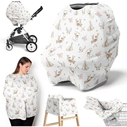 Sweet Jojo Designs Woodland Deer Floral Girl Infant Baby Car Seat Cover Nursing Breastfeeding Shopping Cart Stroller Canopy Blush Pink Mint Green Boho Watercolor Bohemian Forest Animal Shabby Chic