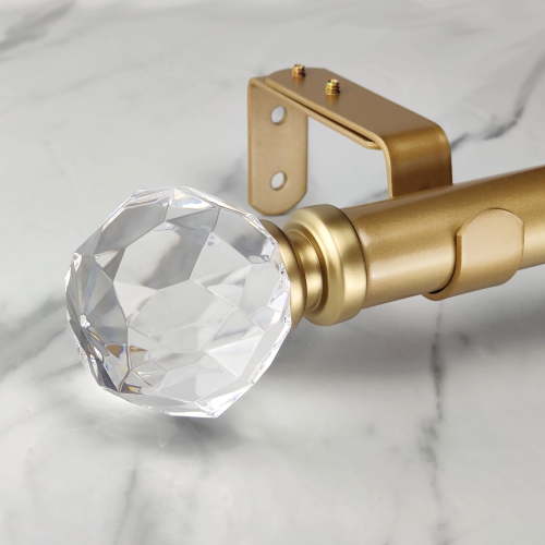 SKYPLUS LIVING 1-1/8 inch Single Window Curtain Rod with Crystal Finial Set,Adjustable 36-72 in,Gold