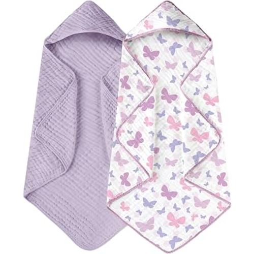 Yoofoss Hooded Baby Bath Towels 2 Pack 100% Muslin Organic Cotton with Hood | for Newborn, Babies, Infant, Toddler and Kids, 32x32 Inch, Soft and Absorbent, Baby Essential, Butterfly