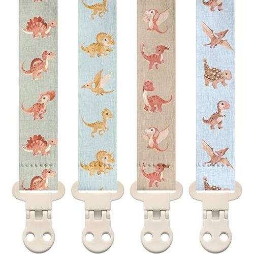Stadela Baby Fabric Pacifier Clip Holder, Plastic Clip, 4‑Pack, Dinosaur Pattern, Dinomite Set