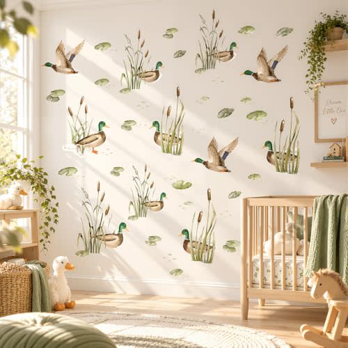 4 Pcs Mallard Duck Baby Wall Stickers Mallard Duck Nursery Decor | Mallard Duck Wall Decal, Lucky Ducks Baby Stuff, Removable Waterproof PVC Sticker, Nursery Hunting Birthday Party Decorations