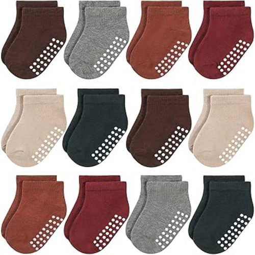 JAKIDAR Lot de 12 paires de chaussettes antidérapantes en coton pour bébé et enfant
