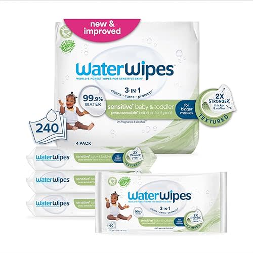 WaterWipes Sensitive+ Baby & Toddler Wipes, 3-In-1 Cleans, Cares, Protects, 99.9% Water, Textured Clean, Unscented & Hypoallergenic, 240 Count (4 Packs)
