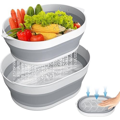 2 in 1 Collapsible Sink Basin - 5.3 QT Foldable Fruit Washing Bowl with Strainer - Silicone Collapsible Colander for Kitchen Organization RV Camping
