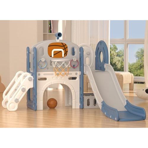 XJD 8 in 1 Toddler Slide Set, Kids Slide for Toddlers Age 1+, Climber Slide PlaySet with Basketball Hoop and Ball,Outdoor Indoor Playground for Toddlers 1-3 (Blue Gley, 8 in 1)
