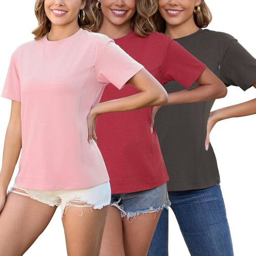 Ecavus Women's 3-Pack Nursing Shirts for Breastfeeding with Hidden Zippers Loose Fit Maternity Tops
