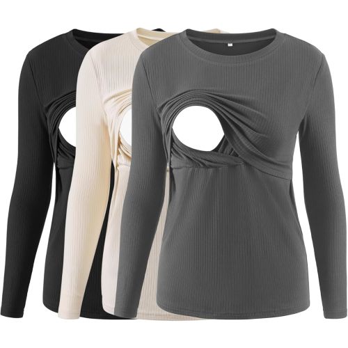 Liu & Qu Women's Nursing Tops Ribbed Long Sleeves Maternity Shirts Double Layer Breastfeeding Shirts Pregnancy Clothes 3 Pack