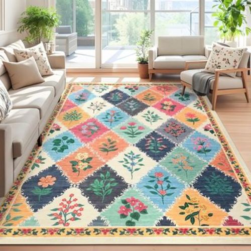 9x12 Area Rugs Washable Rug Large Boho Living Room Rug Soft Anti-Skid Vintage Carpet Indoor Floor Non-Shedding Neutral Floral Carpets for Bedroom