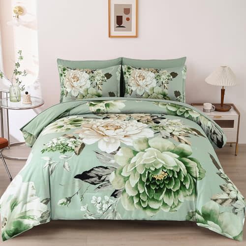 Comforter Set King Size 7 Pieces Sage Green Floral Bed in a Bag,Elegant Flower Bedding Sets Lightweight Bed Comforter Set for All Season with Flat Sheet, Fitted Sheets, Pillowcases & Shams