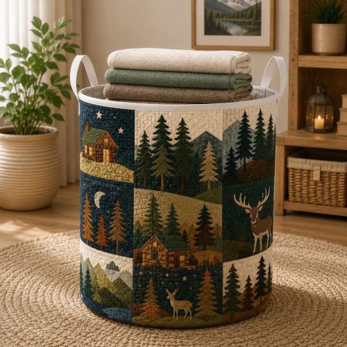 Woodland Quilted Laundry Basket, Rustic Cabin Hamper, Deer Forest Storage Bin, Mountain Lodge Nursery Organizer 14" x 18" sold by VisionVend | SKU 2638737024 | Printerval