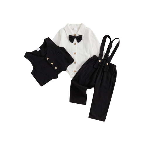 Txlixc Baby Boys Autumn 3Pcs Pants Sets Long Sleeve Lapel Button Romper Waistcoat Suspender Pants Sets
