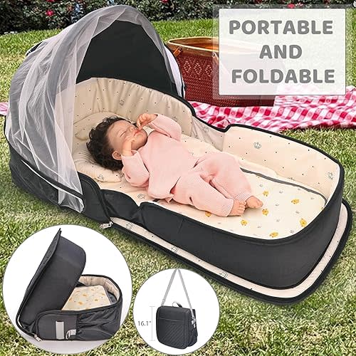 YVMVDV Portable Travel Bassinet for 0-8M Baby, Portable Travel Baby Bed, Cosleeping Baby Bed with Mosquito Net, Lightweight and Foldable