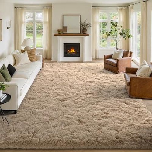 9x12 Non-Slip Fluffy Area Rugs for Living Room (Light Tan)